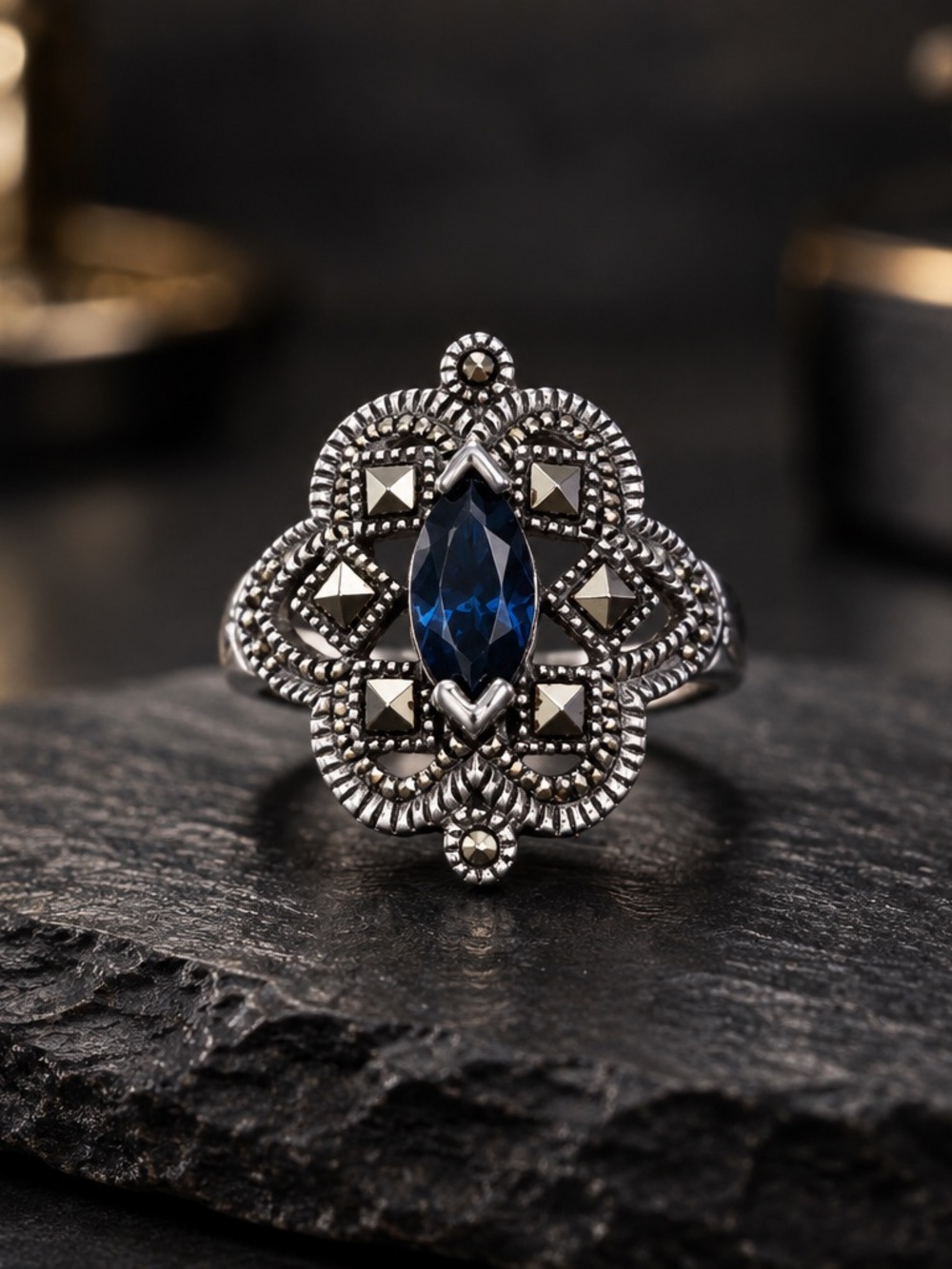 Size 5 Sterling Silver Blue Glass Ring with Marcasites accents